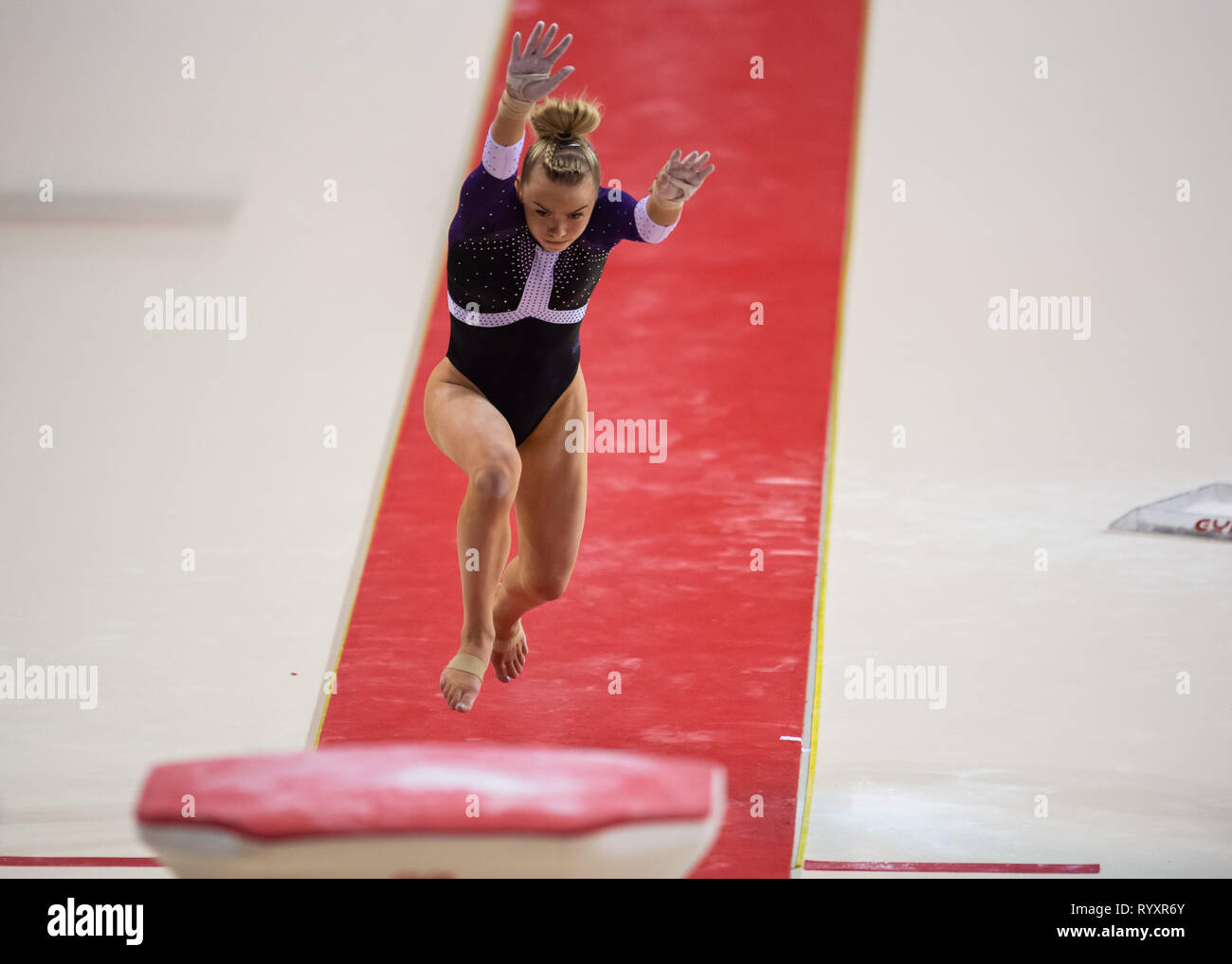 Liverpool, UK. 15th Mar, 2019. Halle Hilton (South Essex Gymnastics) performs pommel horse under WAG Junior - Sub Division 2, during the 2019 Gymnastics British Championships at M&S Bank Arena on Friday, 15 March 2019. LIVERPOOL ENGLAND. (Editorial use only, license required for commercial use. No use in betting, games or a single club/league/player publications.) Credit: Taka G Wu/Alamy News Credit: Taka Wu/Alamy Live News Stock Photo
