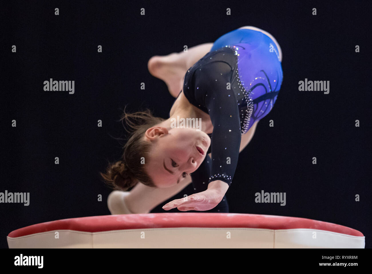 Liverpool, UK. 15th Mar, 2019. Millie Redford (City of Glasgow) performs pommel horse under WAG Junior - Sub Division 2, during the 2019 Gymnastics British Championships at M&S Bank Arena on Friday, 15 March 2019. LIVERPOOL ENGLAND. (Editorial use only, license required for commercial use. No use in betting, games or a single club/league/player publications.) Credit: Taka G Wu/Alamy News Credit: Taka Wu/Alamy Live News Stock Photo