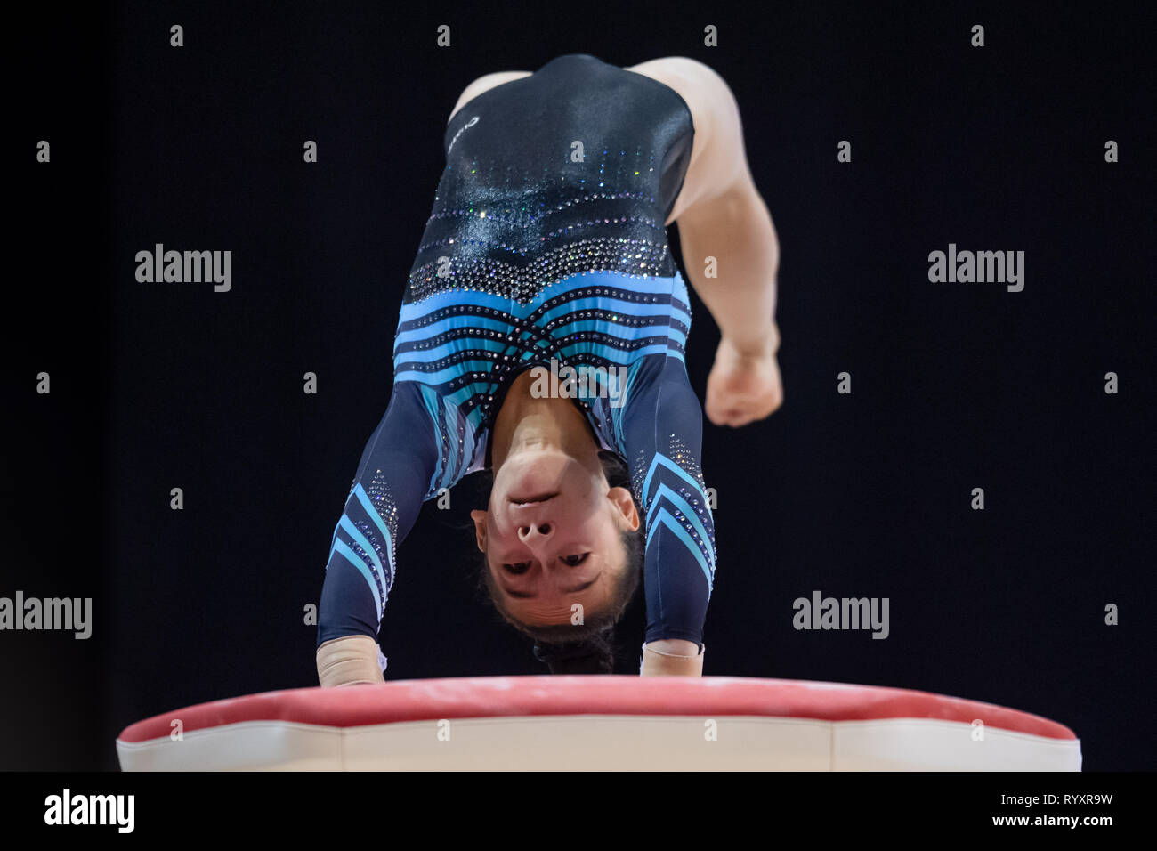 Liverpool, UK. 15th Mar, 2019. Liliana Moring (Sapphire School Of Gymnastics) performs pommel horse under WAG Junior - Sub Division 2, during the 2019 Gymnastics British Championships at M&S Bank Arena on Friday, 15 March 2019. LIVERPOOL ENGLAND. (Editorial use only, license required for commercial use. No use in betting, games or a single club/league/player publications.) Credit: Taka G Wu/Alamy News Credit: Taka Wu/Alamy Live News Stock Photo