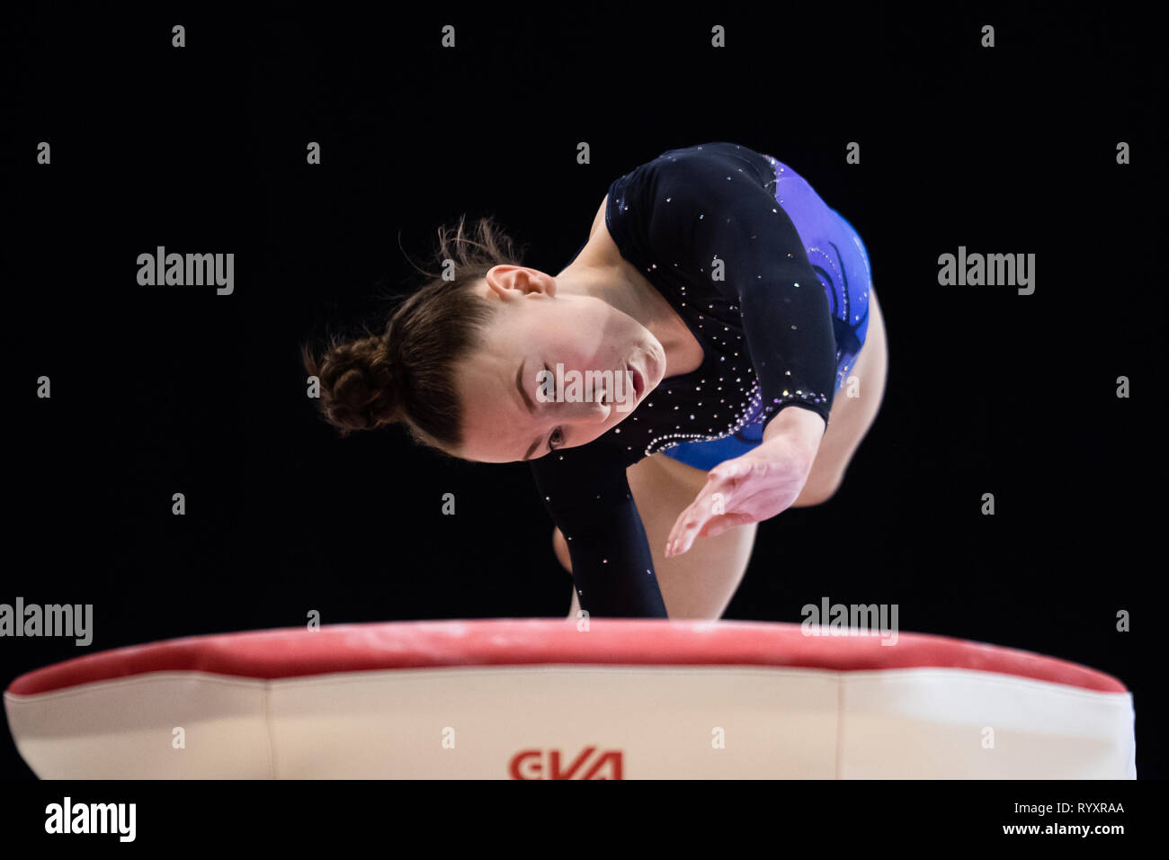 Liverpool, UK. 15th Mar, 2019. Millie Redford (City of Glasgow) performs pommel horse under WAG Junior - Sub Division 2, during the 2019 Gymnastics British Championships at M&S Bank Arena on Friday, 15 March 2019. LIVERPOOL ENGLAND. (Editorial use only, license required for commercial use. No use in betting, games or a single club/league/player publications.) Credit: Taka G Wu/Alamy News Credit: Taka Wu/Alamy Live News Stock Photo