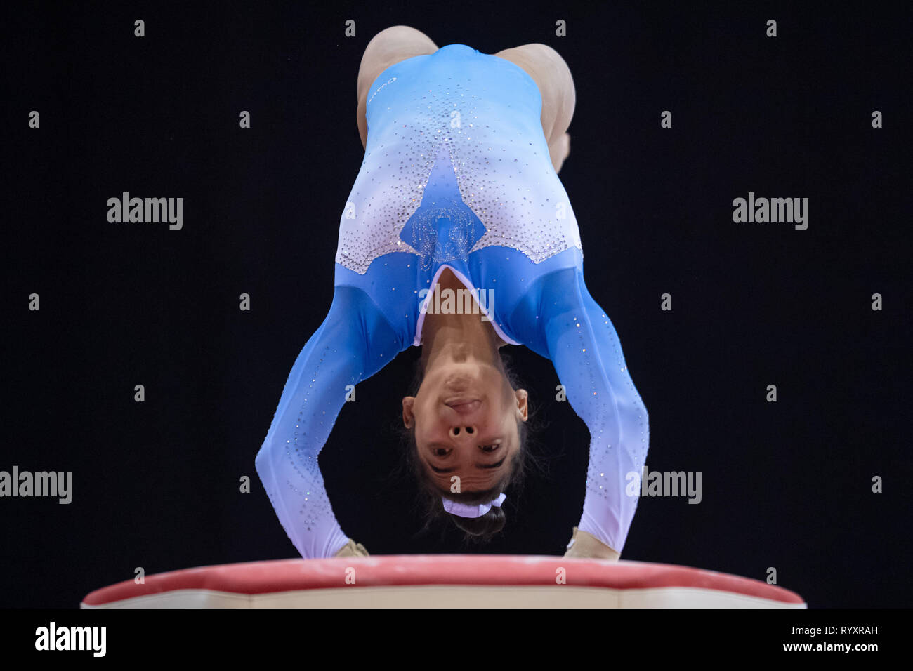 Liverpool, UK. 15th Mar, 2019. Alia Leat (Heathrow Gymnastics Club) performs pommel horse under WAG Junior - Sub Division 2, during the 2019 Gymnastics British Championships at M&S Bank Arena on Friday, 15 March 2019. LIVERPOOL ENGLAND. (Editorial use only, license required for commercial use. No use in betting, games or a single club/league/player publications.) Credit: Taka G Wu/Alamy News Credit: Taka Wu/Alamy Live News Stock Photo