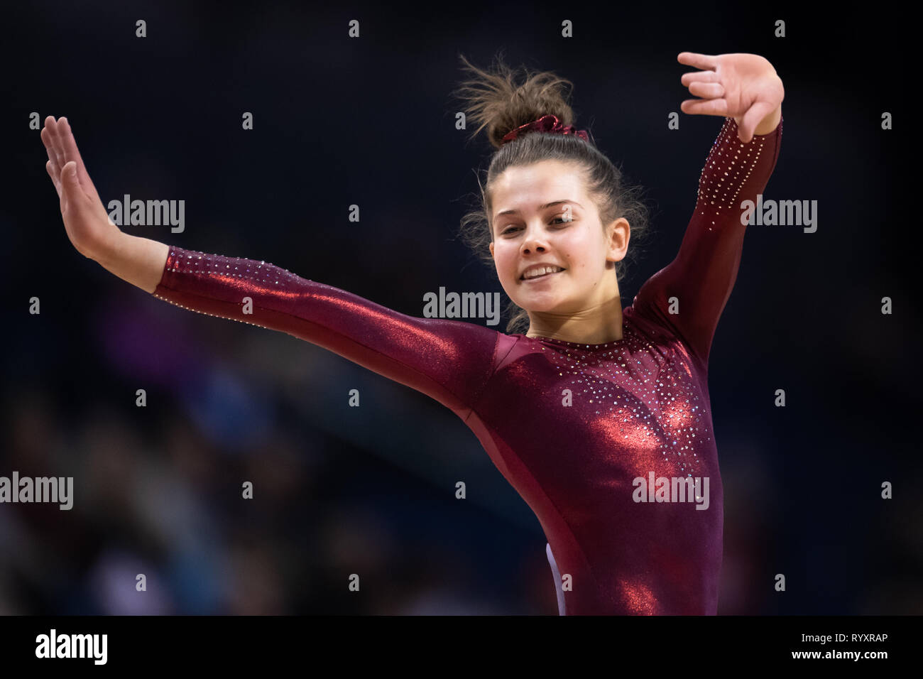 Liverpool, UK. 15th Mar, 2019. Annie Young (The Norfolk Academy of Gymnastics) performs Floor Exercise under WAG Junior - Sub Division 2, during the 2019 Gymnastics British Championships at M&S Bank Arena on Friday, 15 March 2019. LIVERPOOL ENGLAND. (Editorial use only, license required for commercial use. No use in betting, games or a single club/league/player publications.) Credit: Taka G Wu/Alamy News Credit: Taka Wu/Alamy Live News Stock Photo