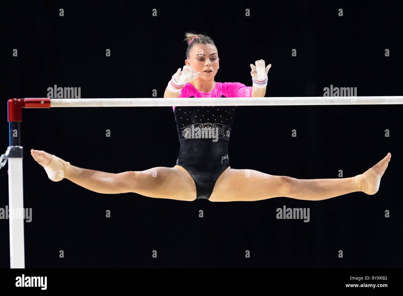 Liverpool, UK. 15th Mar, 2019. Hanar Rouse (South Durham Gymnastics) performs Uneven Bar under WAG Junior - Sub Division 2, during the 2019 Gymnastics British Championships at M&S Bank Arena on Friday, 15 March 2019. LIVERPOOL ENGLAND. (Editorial use only, license required for commercial use. No use in betting, games or a single club/league/player publications.) Credit: Taka G Wu/Alamy News Credit: Taka Wu/Alamy Live News Stock Photo