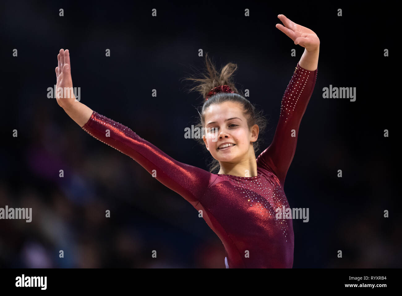 Liverpool, UK. 15th Mar, 2019. Annie Young (The Norfolk Academy of Gymnastics) performs Floor Exercise under WAG Junior - Sub Division 2, during the 2019 Gymnastics British Championships at M&S Bank Arena on Friday, 15 March 2019. LIVERPOOL ENGLAND. (Editorial use only, license required for commercial use. No use in betting, games or a single club/league/player publications.) Credit: Taka G Wu/Alamy News Credit: Taka Wu/Alamy Live News Stock Photo