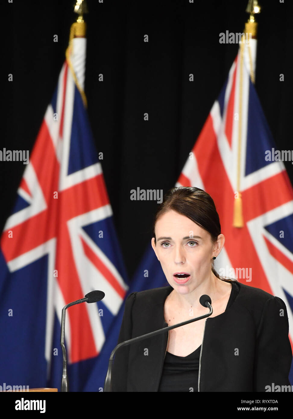 Wellington, New Zealand. 16th Mar, 2019. New Zealand Prime Minister Jacinda Ardern addresses a briefing in Wellington, capital of New Zealand, on March 16, 2019. Jacinda Ardern reiterated to the public on Saturday morning that the country's gun law will be changed. Gunmen opened fire in two separate mosques in Christchurch on Friday, killing 49 people and wounding 48 others. Credit: Guo Lei/Xinhua/Alamy Live News Stock Photo