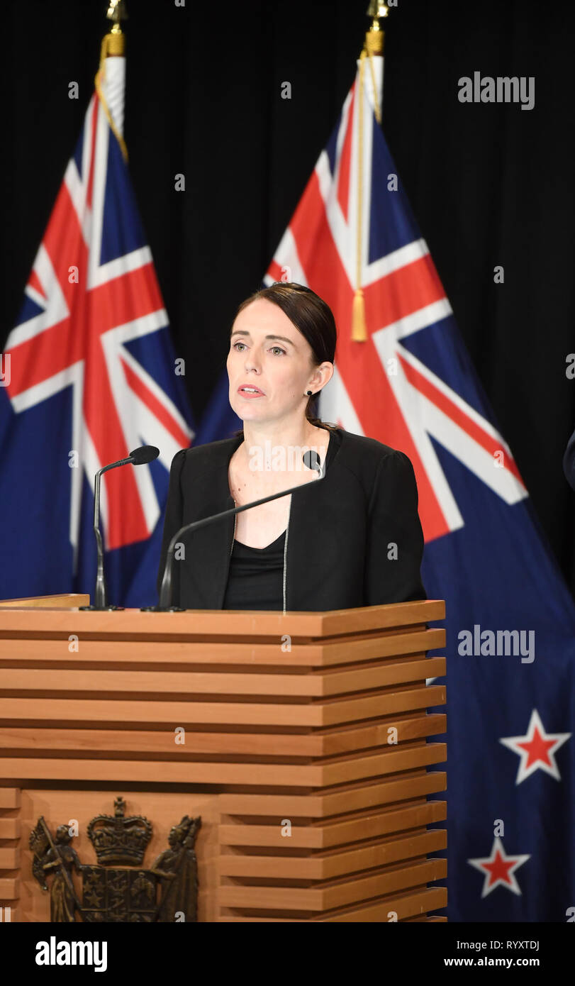 Wellington, New Zealand. 16th Mar, 2019. New Zealand Prime Minister Jacinda Ardern addresses a briefing in Wellington, capital of New Zealand, on March 16, 2019. Jacinda Ardern reiterated to the public on Saturday morning that the country's gun law will be changed. Gunmen opened fire in two separate mosques in Christchurch on Friday, killing 49 people and wounding 48 others. Credit: Guo Lei/Xinhua/Alamy Live News Stock Photo