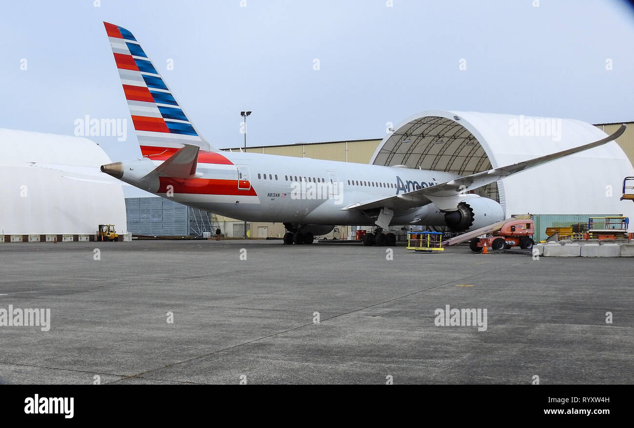 Everett, WA / USA - 03/14/2019: The US Federal Aviation Administration grounded all Boeing 373 Max aircraft in the US after Ethopian air disaster, following similar action in Europe and elsewhere. This aircraft is being serviced in the Boeing facility in Washington. Credit: Rick Beauregard/Alamy Live News Stock Photo