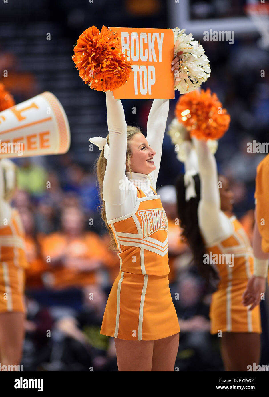 Tennessee Volunteers cheerleaders holds up a Rocky Top sign March 15, 2019; during a SEC championship series game between the Mississippi State Bulldogs vs Tennessee Volunteers at Bridgestone Arena in Nashville, TN (Mandatory Photo Credit: Steve Roberts/Cal Sport Media) Stock Photo