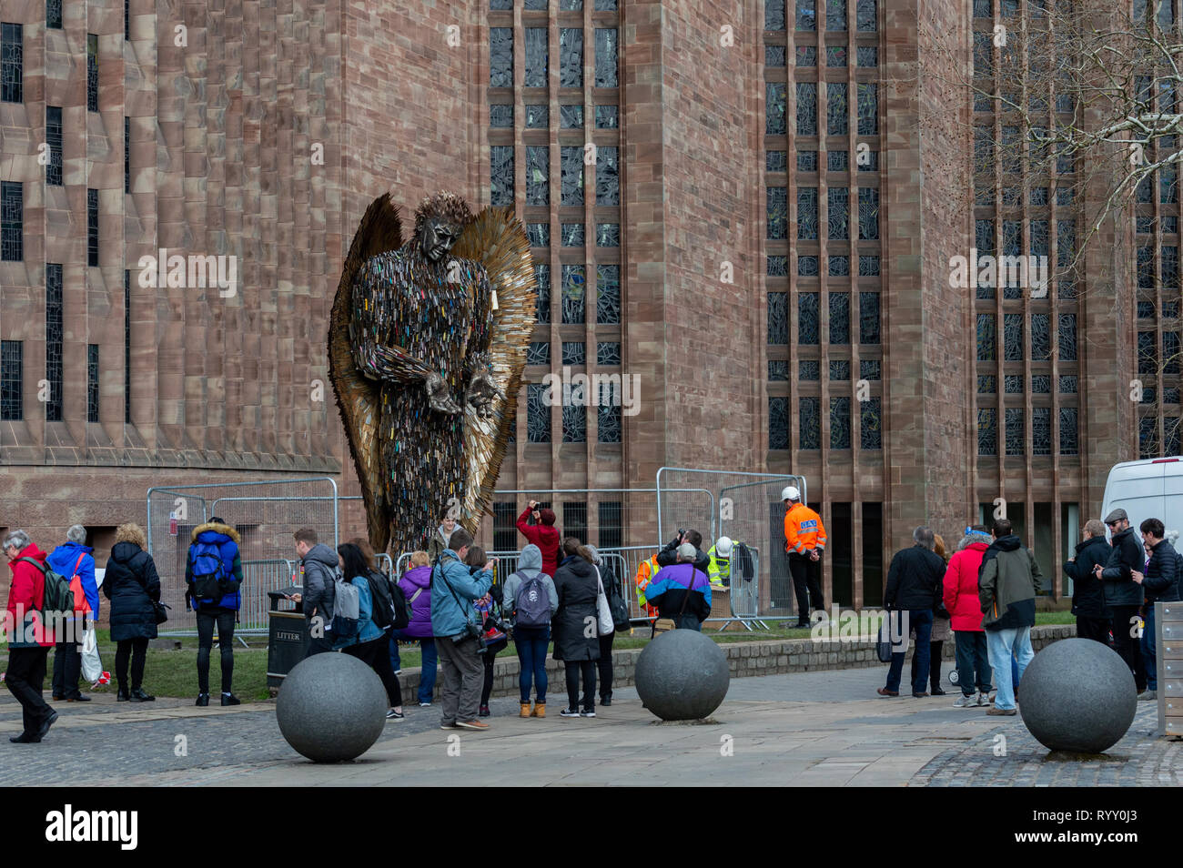 Coventry, West Midlands, UK, 15 March 2019. The Knife Angel sculpture arrived at Coventry Cathedral. Stock Photo