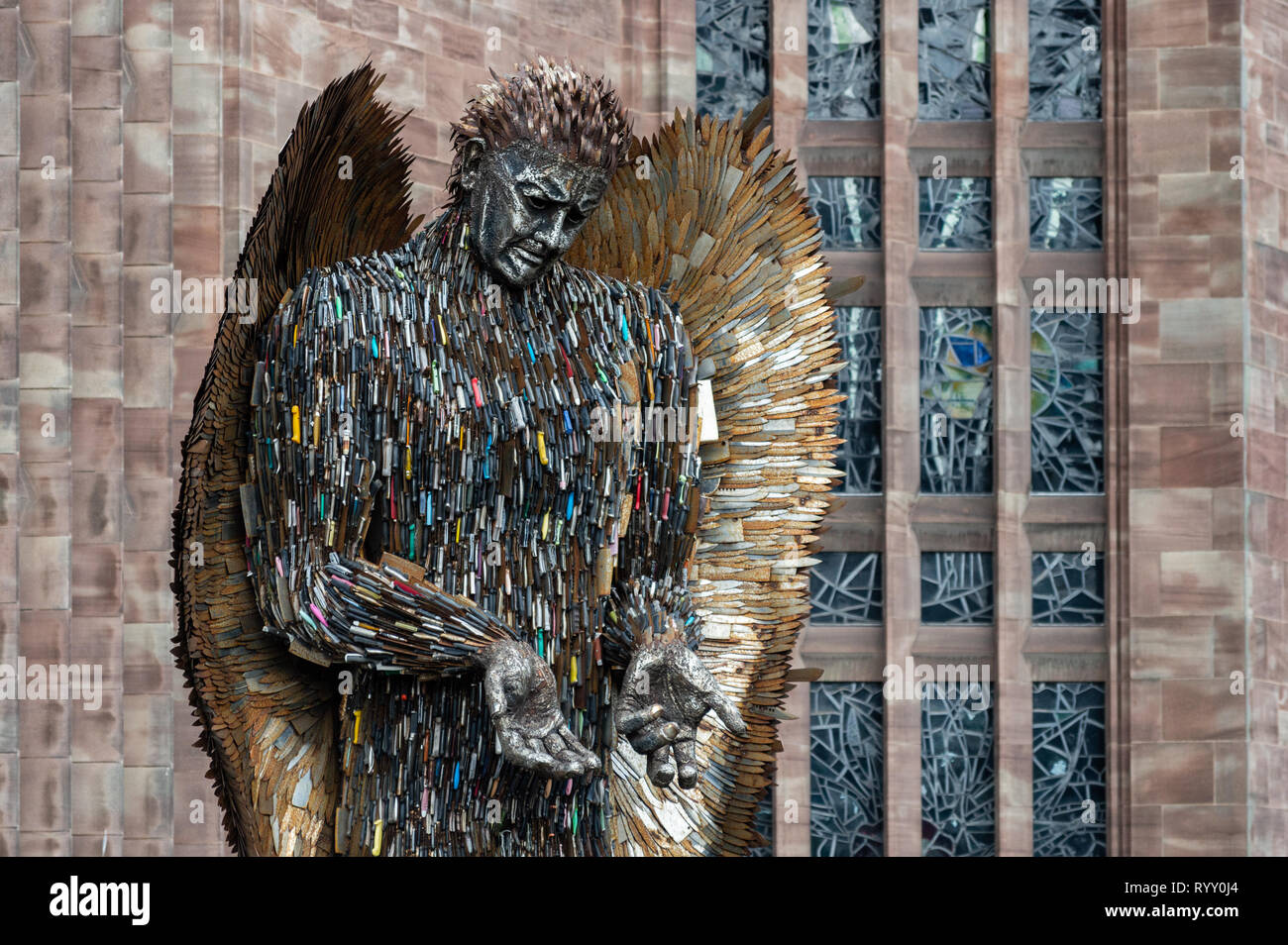 Coventry, West Midlands, UK, 15 March 2019. The Knife Angel sculpture arrived at Coventry Cathedral. Stock Photo