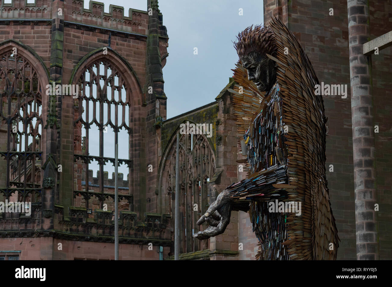 Coventry, West Midlands, UK, 15 March 2019. The Knife Angel sculpture arrived at Coventry Cathedral. Stock Photo