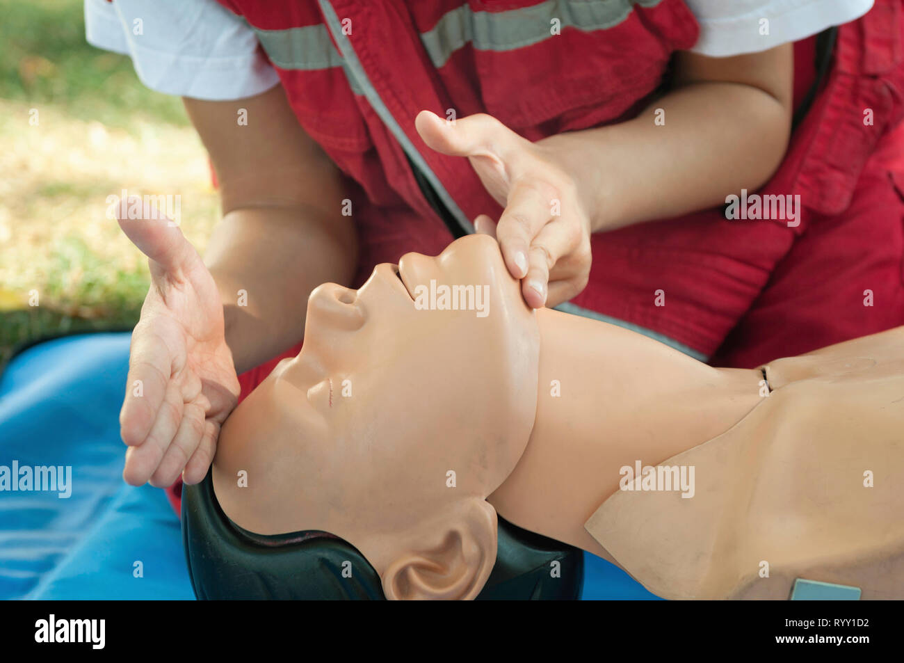 Cardiopulmonary resuscitation on dummy. Stock Photo