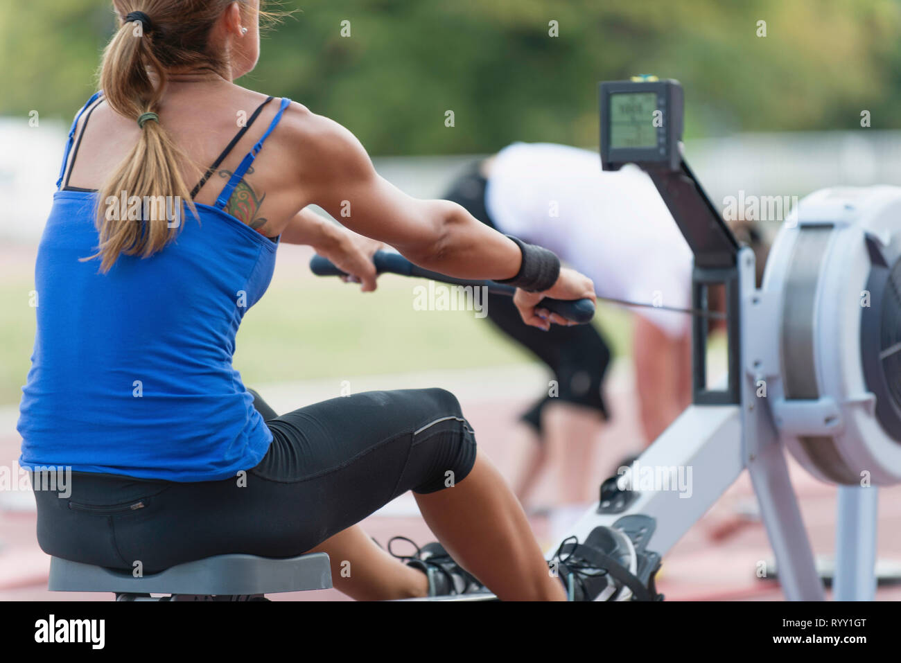 Rowing machine competition. Stock Photo