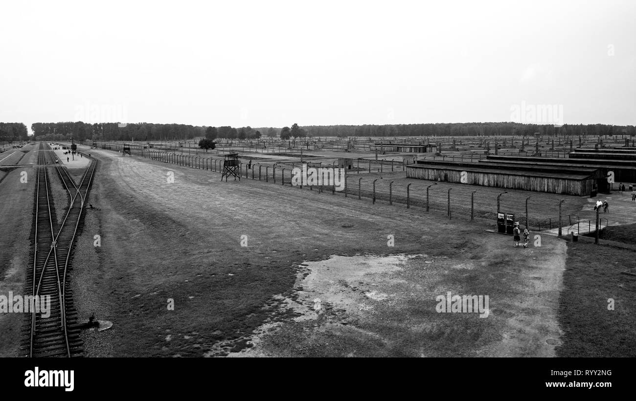 Oswiecim, Poland - July 11th 2018.  Birkenau-Auschwitz II viewed from the main entrance and guard tower Stock Photo