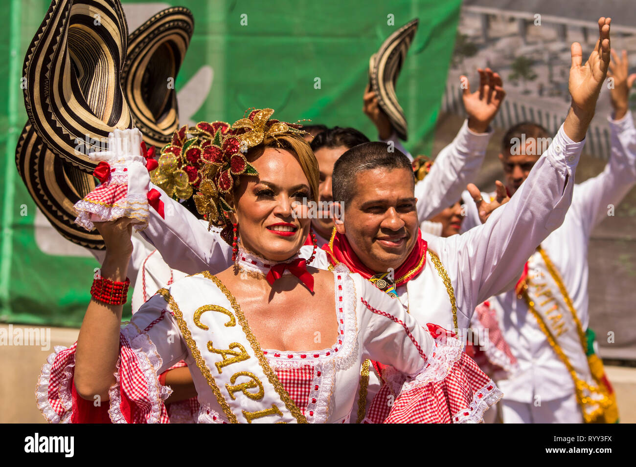 Cumbiamba. The battle of flowers is an event that takes place on Saturday of Carnival. It is a parade of floats, comparsas, cumbiambas, folk groups of Stock Photo