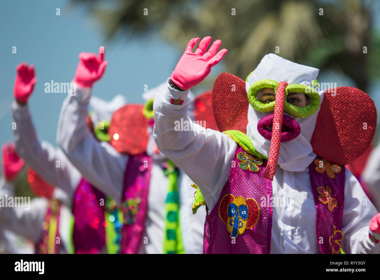 Troupes of men dressed as Marimondas dancing. The battle of flowers is an event that takes place on Saturday of Carnival. It is a parade of floats, co Stock Photo