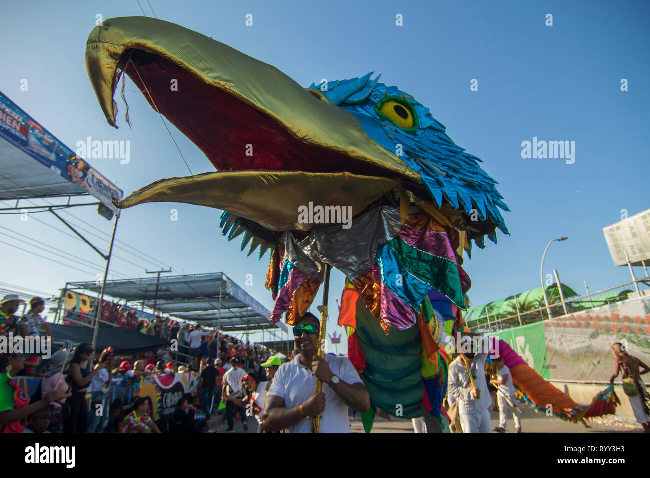 The battle of flowers is an event that takes place on Saturday of Carnival. It is a parade of floats, comparsas, cumbiambas, folk groups of dance and  Stock Photo