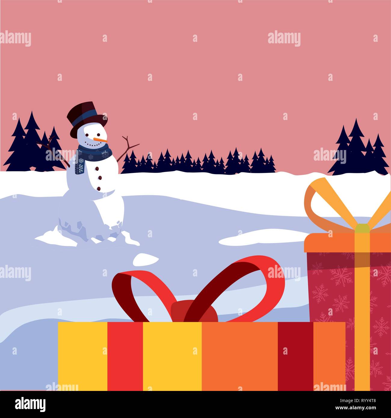 christmas snowman with gifts and winter landscape vector illustration ...