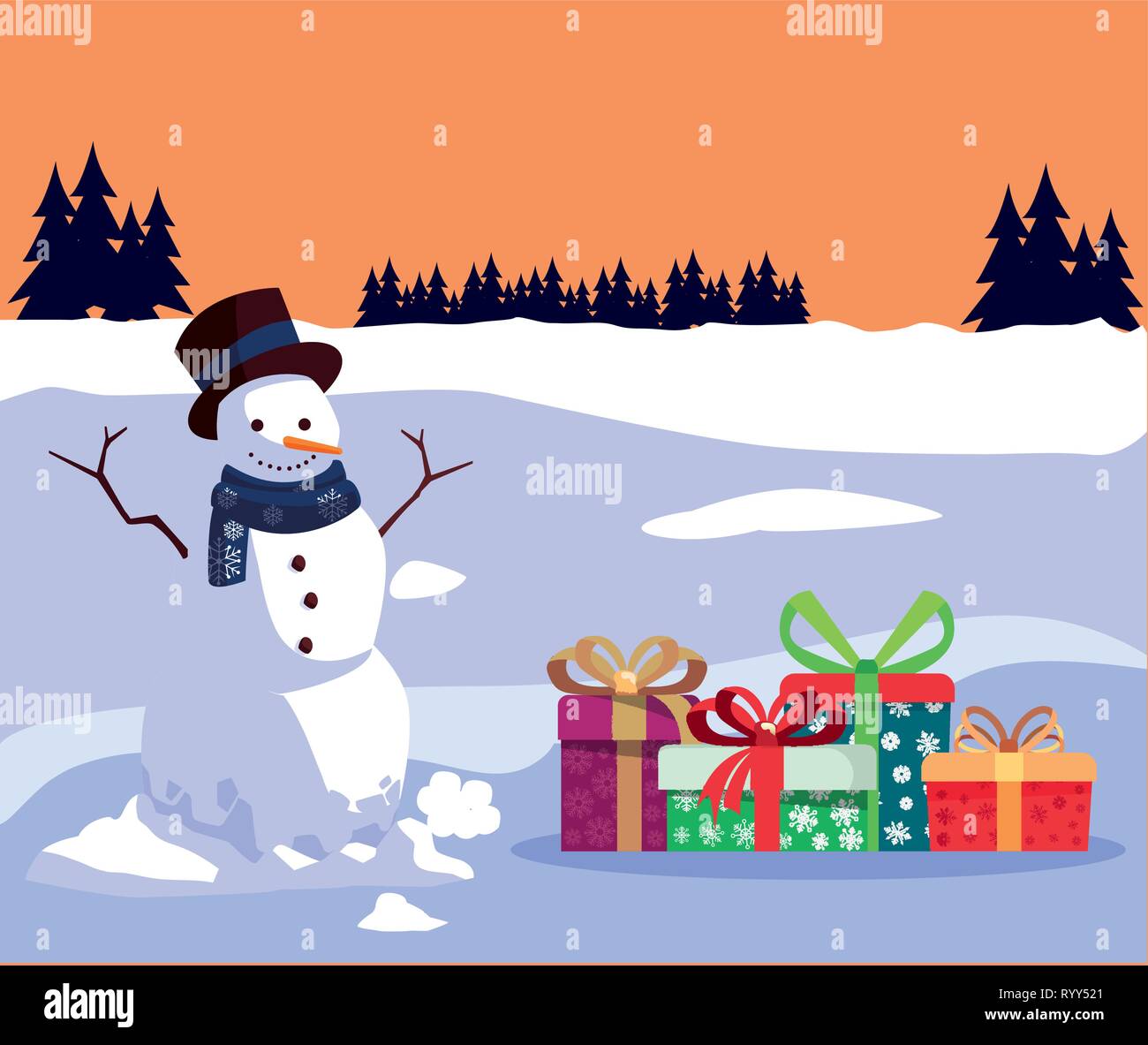 christmas snowman with gifts and winter landscape vector illustration ...