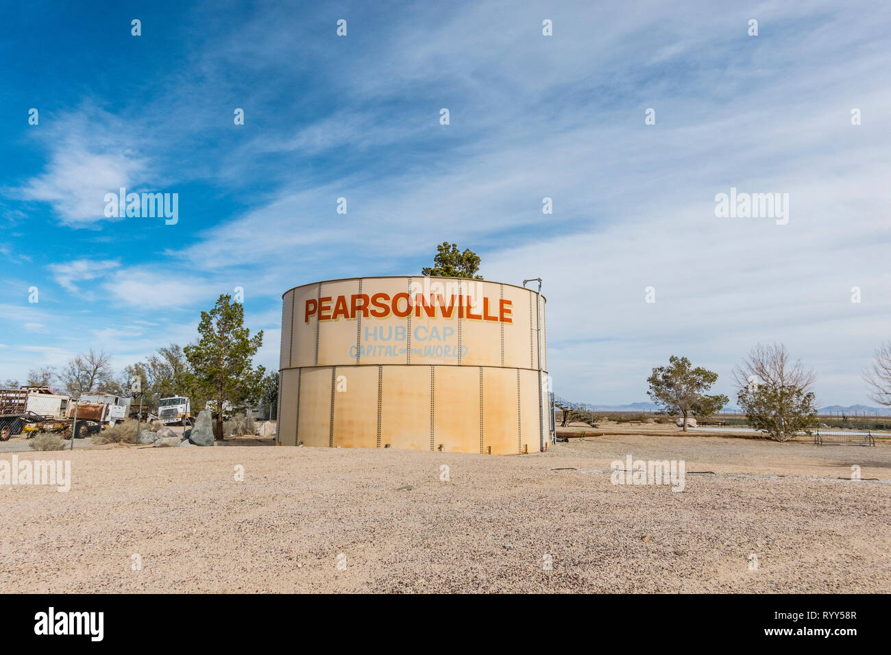 A large water tank at the semi ghost town of Pearsonville, California