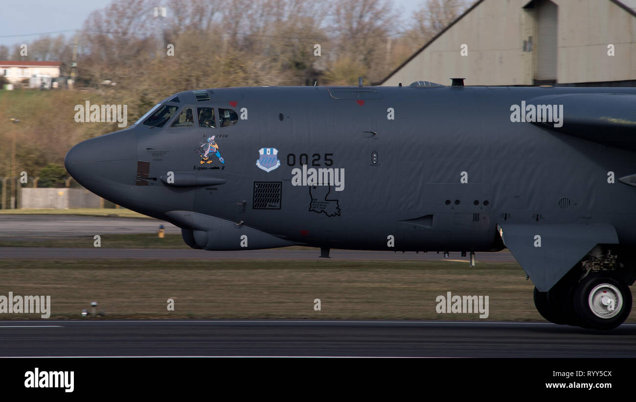 A B-52 Stratofortress deployed from Barksdale Air Force Base, La., lands on the flight line in support of U.S. Strategic Command’s Bomber Task Force (BTF) in Europe at RAF Fairford, England, March 14, 2019. The BTF in Europe mission validates the readiness and capability of USSTRATCOM bomber forces. (U.S. Air Force photo by Airman 1st Class Tessa B. Corrick) Stock Photo
