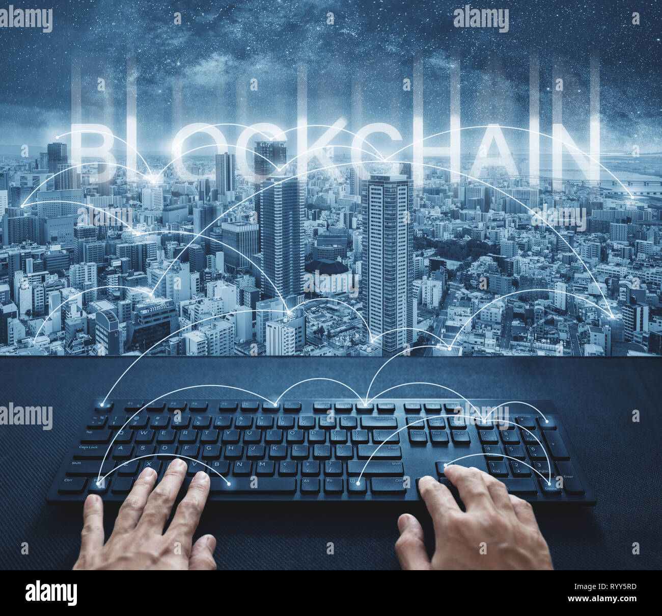 Blockchain technology, Hand typing computer keyboard and city network Stock Photo