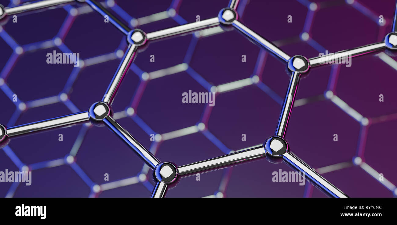 View of a graphene molecular nano technology structure on a purple-pink ...