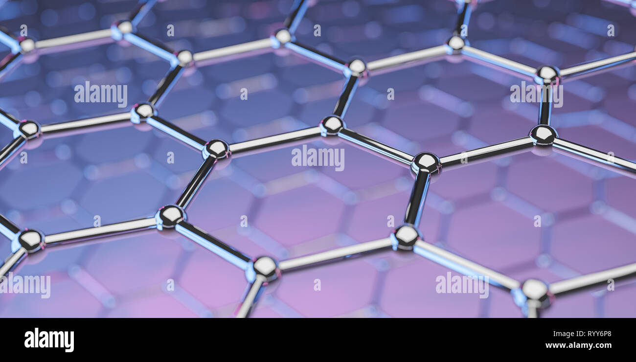 View of a graphene molecular nano technology structure on a purple-pink ...