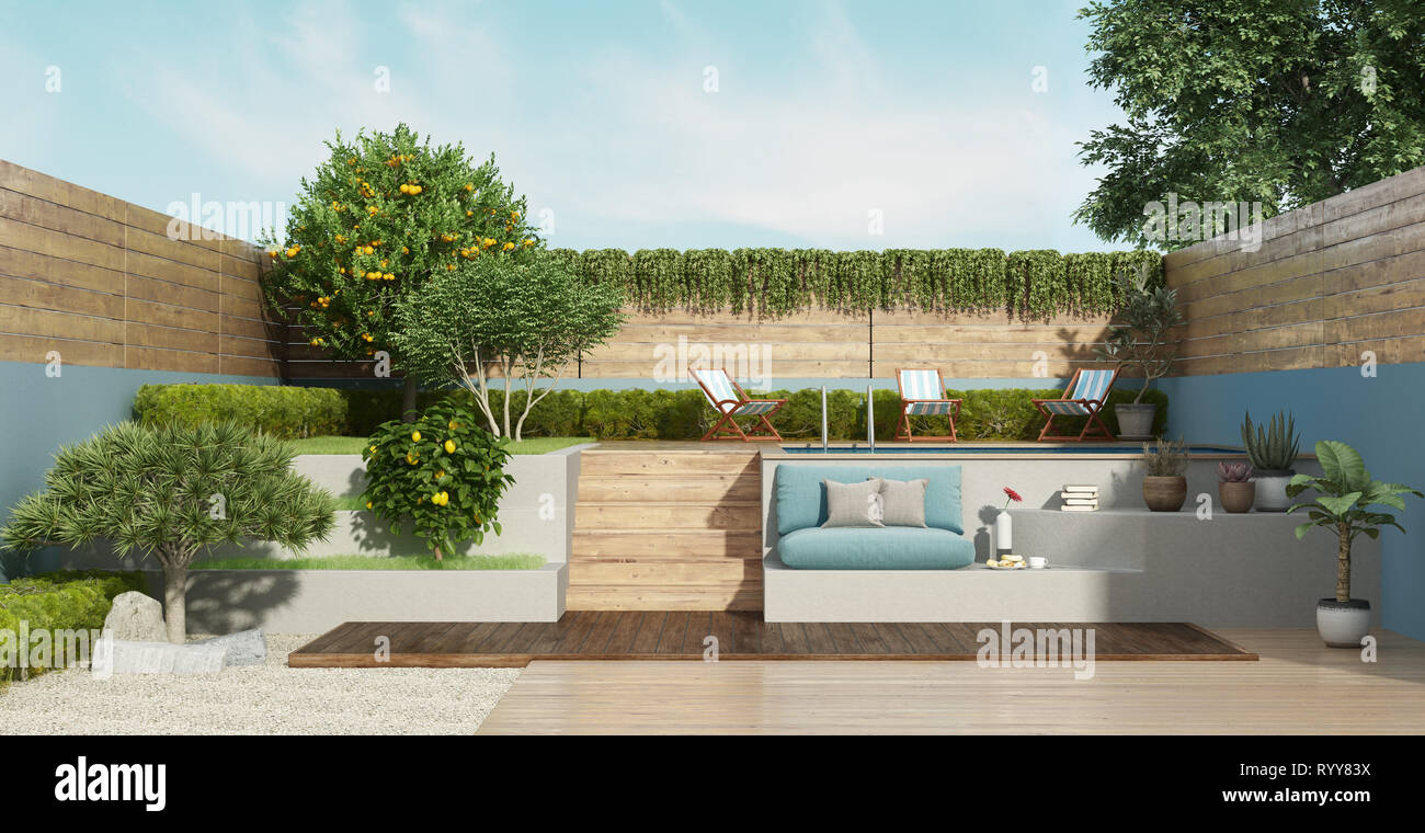 Garden on two levels with a small pool and lush vegetation 3d