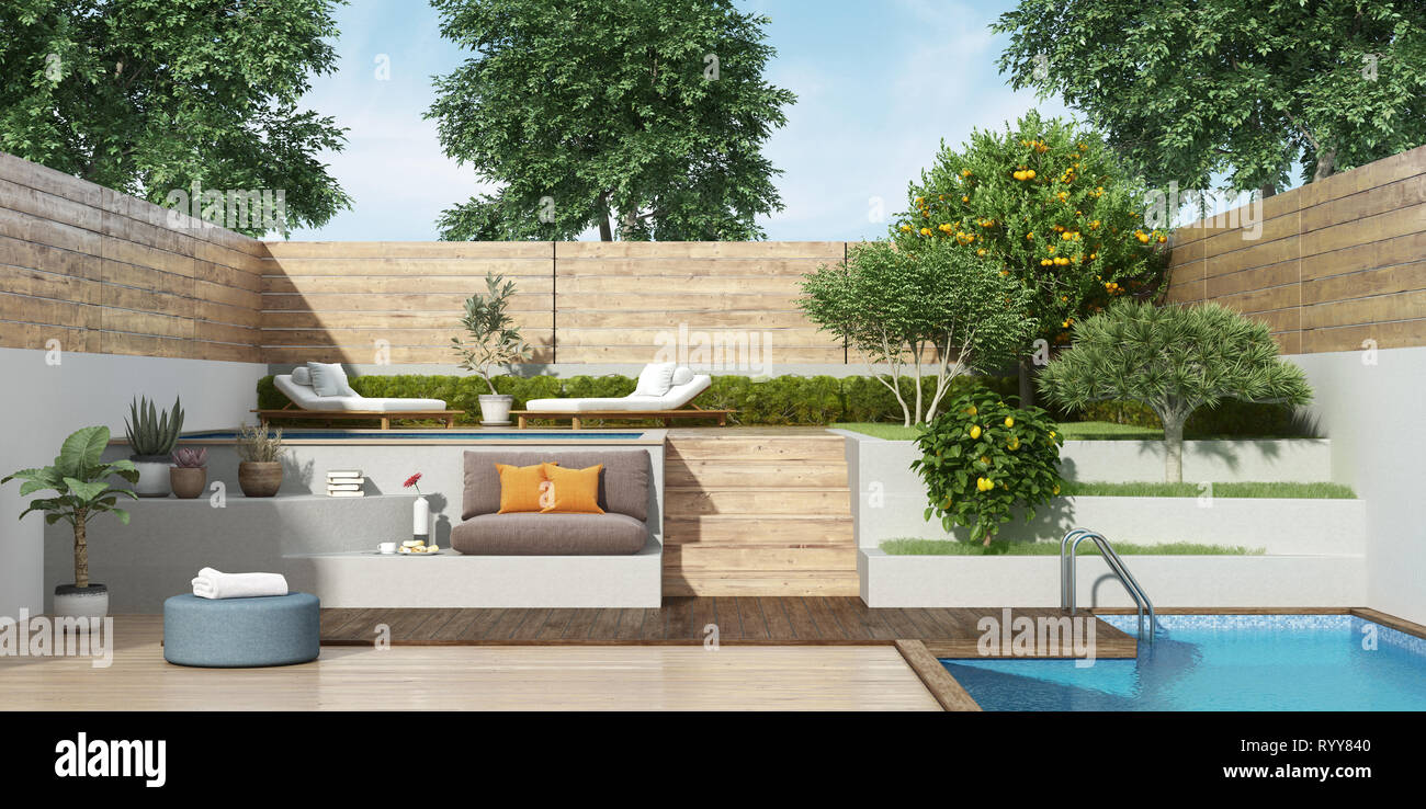 garden on two levels with two small pools and lush vegetation - 3d rendering Stock Photo