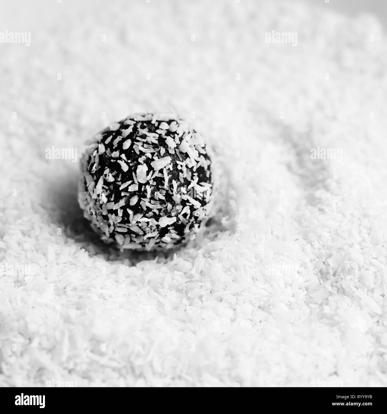Rum balls. Traditional Czech Christmas cookies. Cocoa coated in coconut. Stock Photo
