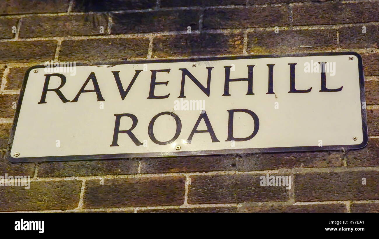 The Ravenhill Road sign on the wall found in the streets of Belfast city Stock Photo