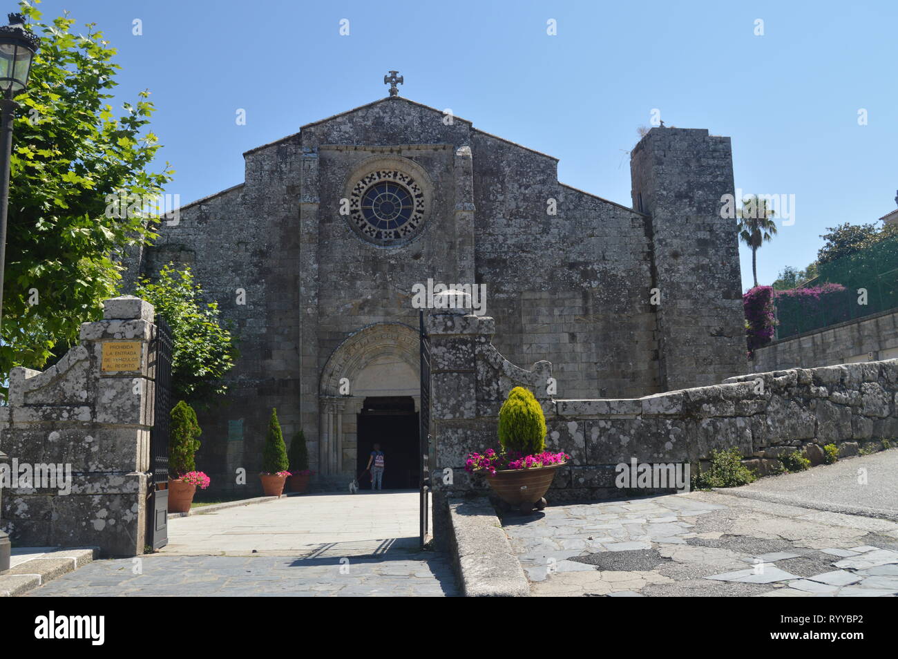 Main Facade Of The Church Of Santa Maria In Bayonne. Nature, Architecture, History, Travel. August 16, 2014. Bayona, Pontevedra, Galicia, Spain. Stock Photo