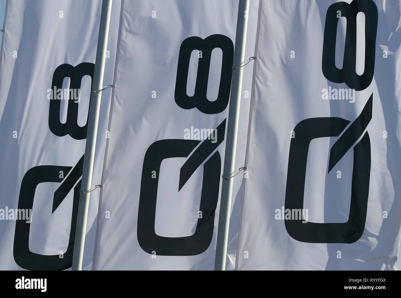 Bucharest, Romania - October 17, 2018: The Audi Q8 car's logo is seen on some flags in a showroom in Bucharest, Romania. This image is for editorial u Stock Photo