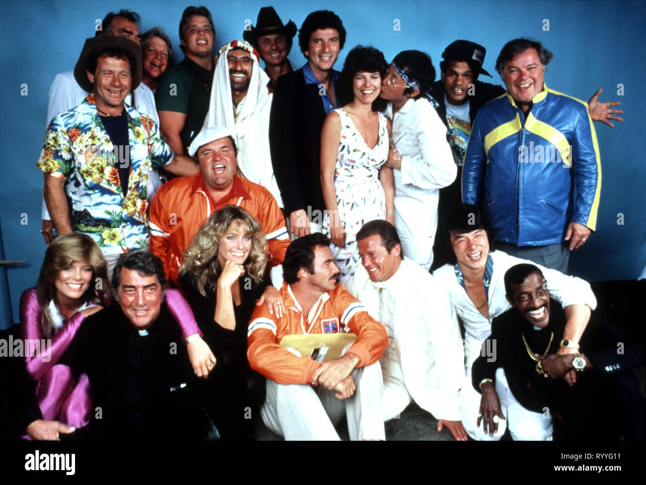 Tara Buckman, Dean Martin, Farrah Fawcett, Burt Reynolds, Roger Moore, Jackie Chan, Sammy Davis Jr, Alfie Wise, Jack Elam, Norman Grabowski, Joe Klecko, Jamie Farr, Mel Tellis, Bert Convy, Adrienne Barbeau, Michael Hui, Rick Aviles & Warren Berlinger Film: The Cannonball Run (USA/HK 1981)   Director: Hal Needham 19 June 1981  SSS75302 Allstar Picture Library/20TH CENTURY FOX  **Warning**  This Photograph is for editorial use only and is the copyright of 20TH CENTURY FOX  and/or the Photographer assigned by the Film or Production Company & can only be reproduced by publications in conjunction w Stock Photo