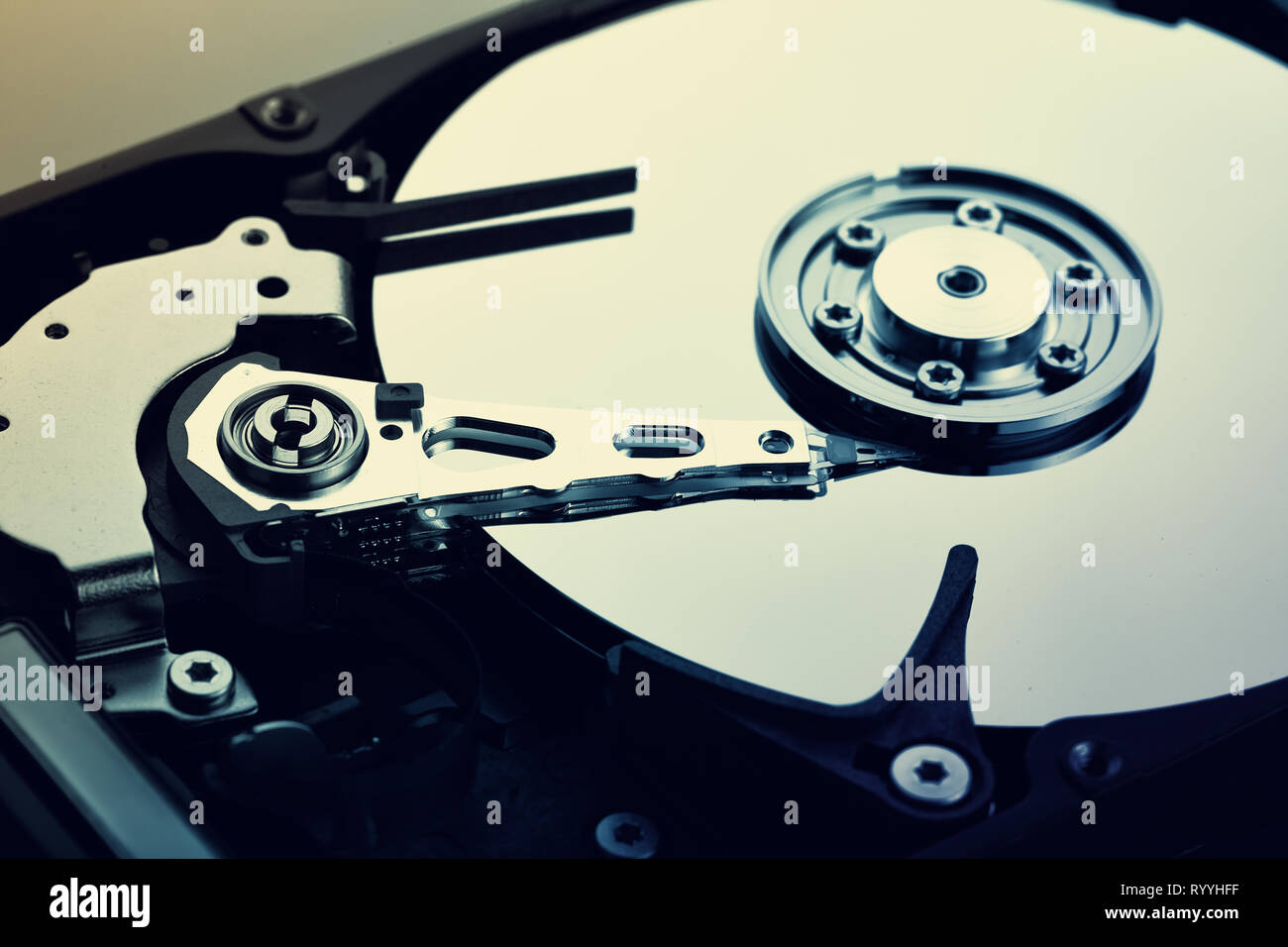 Close up of open computer hard disk drive (HDD) Stock Photo