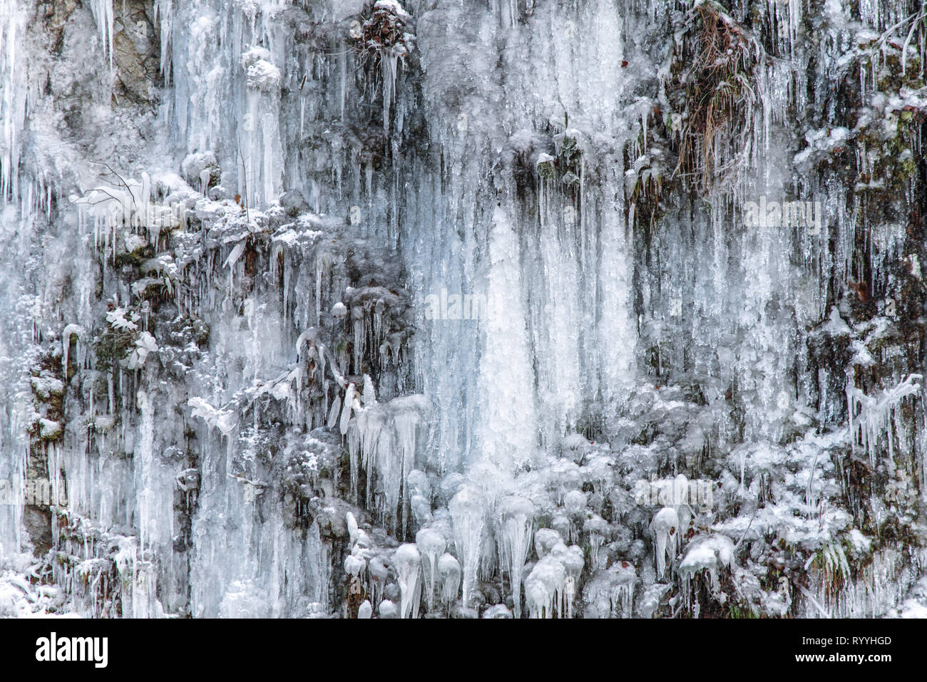 Ice sculptures on the rock, winter detail, beautiful winter pattern, abstract nature Stock Photo