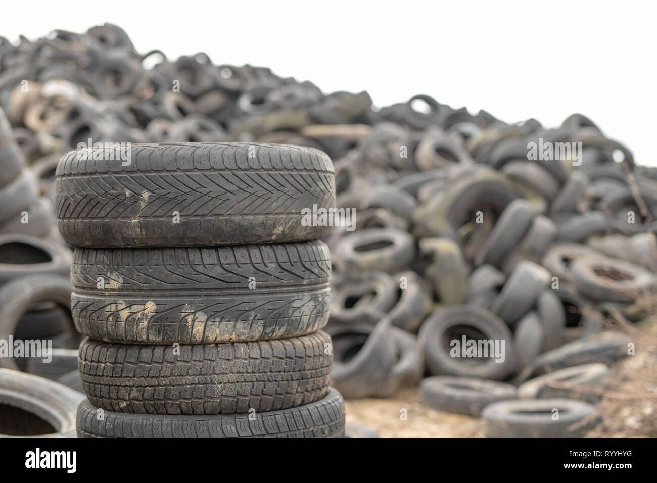 Voorspellen Claire opleiding Old worn out tires on an abandoned trash dump. Garbage heap ready for  disposal. Season of the spring Stock Photo - Alamy