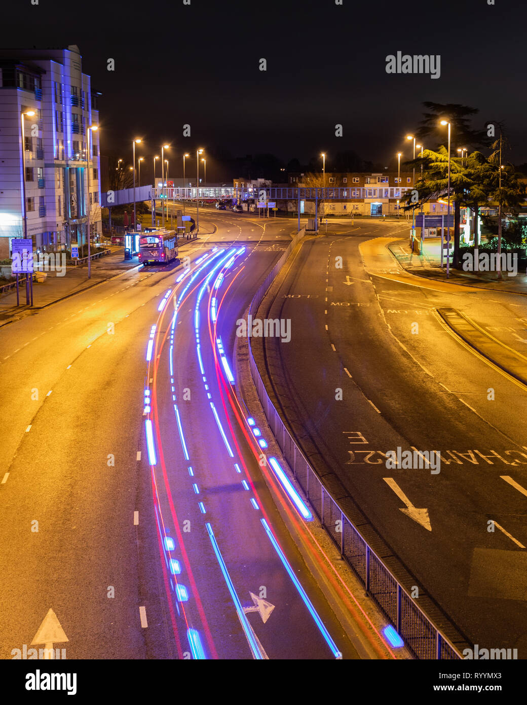 traffic light trails at night in Portsmouth Stock Photo