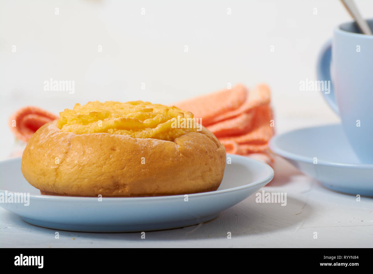 breakfast with coconut cream bun Stock Photo