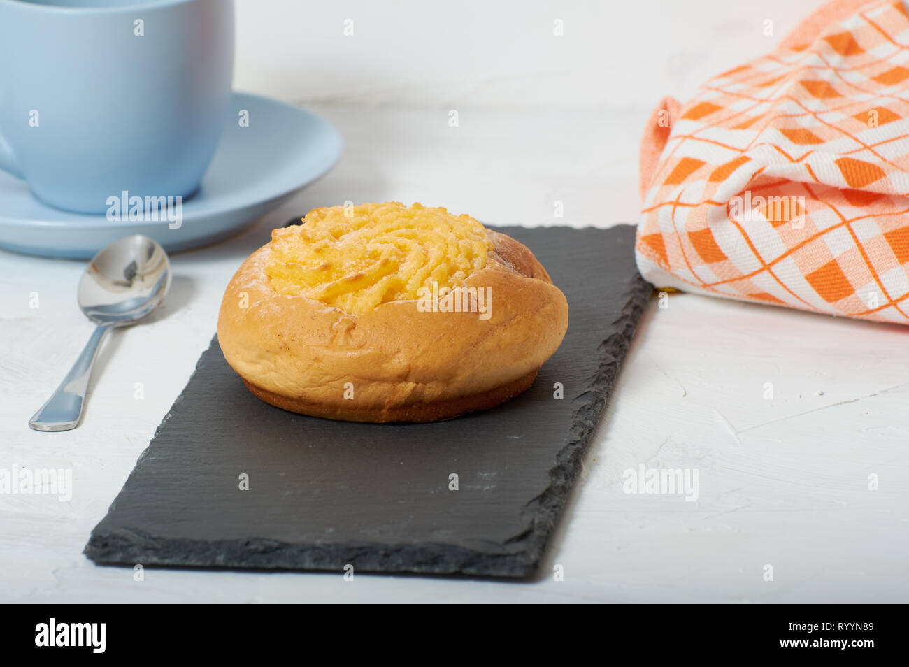 breakfast with coconut cream bun Stock Photo