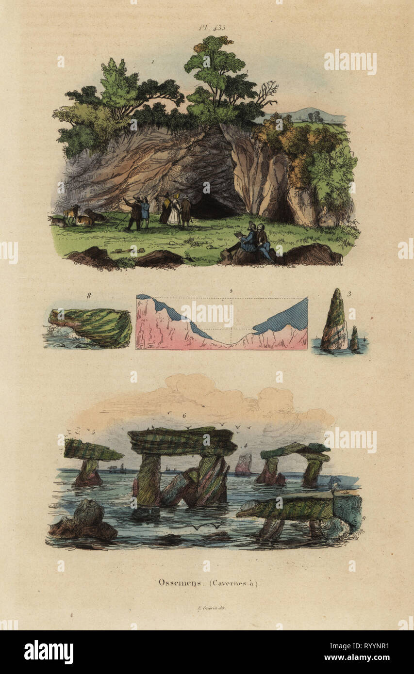Entrance to the grotto at St. Brandriere and prehistoric stones, dolmen, menhir, obelisk, column at St. Gilles, in the Vendee, France. Handcoloured steel engraving by du Casse after an illustration by Adolph Fries from Felix-Edouard Guerin-Meneville's Dictionnaire Pittoresque d'Histoire Naturelle (Picturesque Dictionary of Natural History), Paris, 1834-39. Stock Photo
