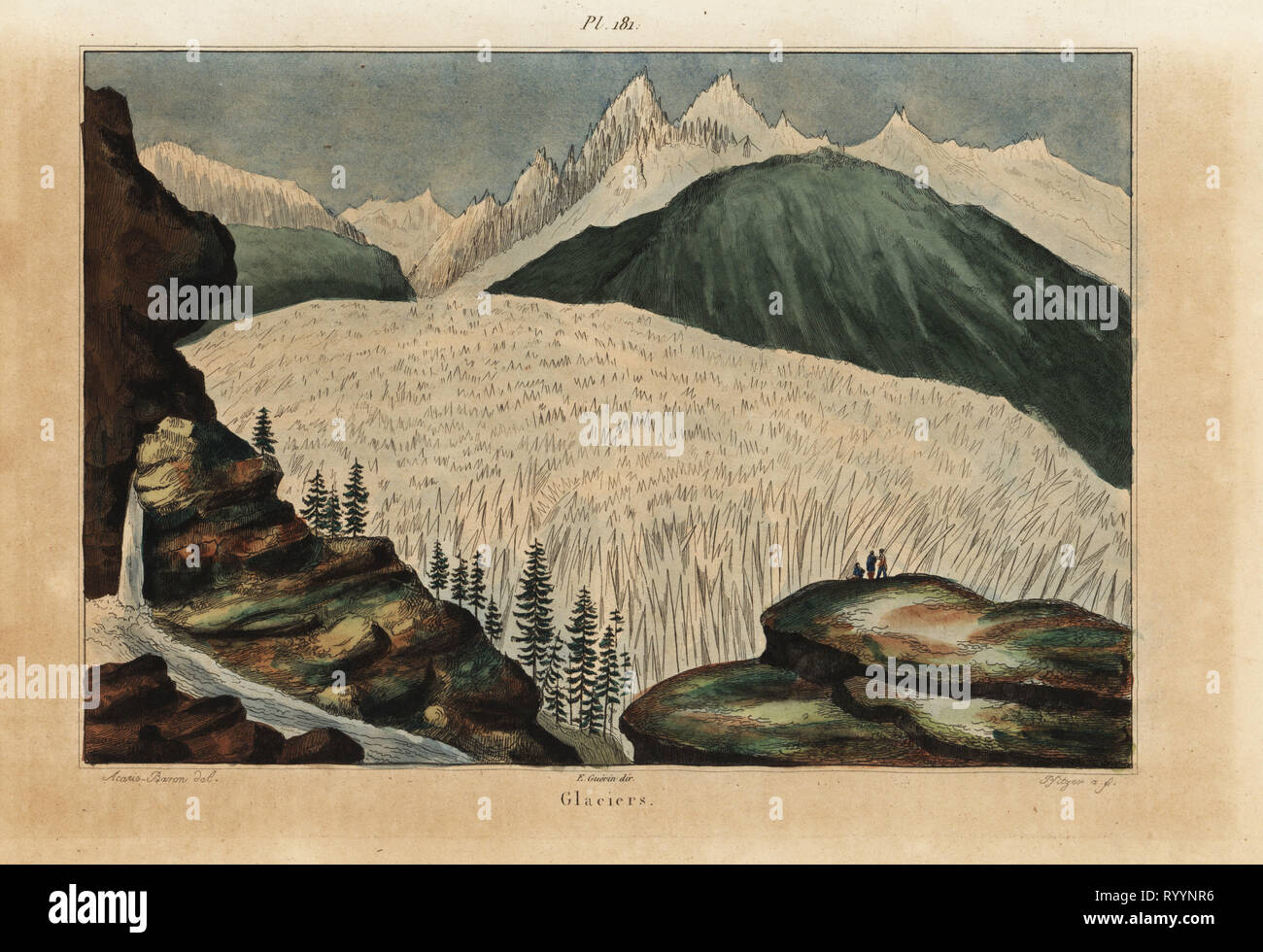 Glaciers in the Alps. Handcoloured steel engraving by Pfitzer after an illustration by A. Carie Baron from Felix-Edouard Guerin-Meneville's Dictionnaire Pittoresque d'Histoire Naturelle (Picturesque Dictionary of Natural History), Paris, 1834-39. Stock Photo