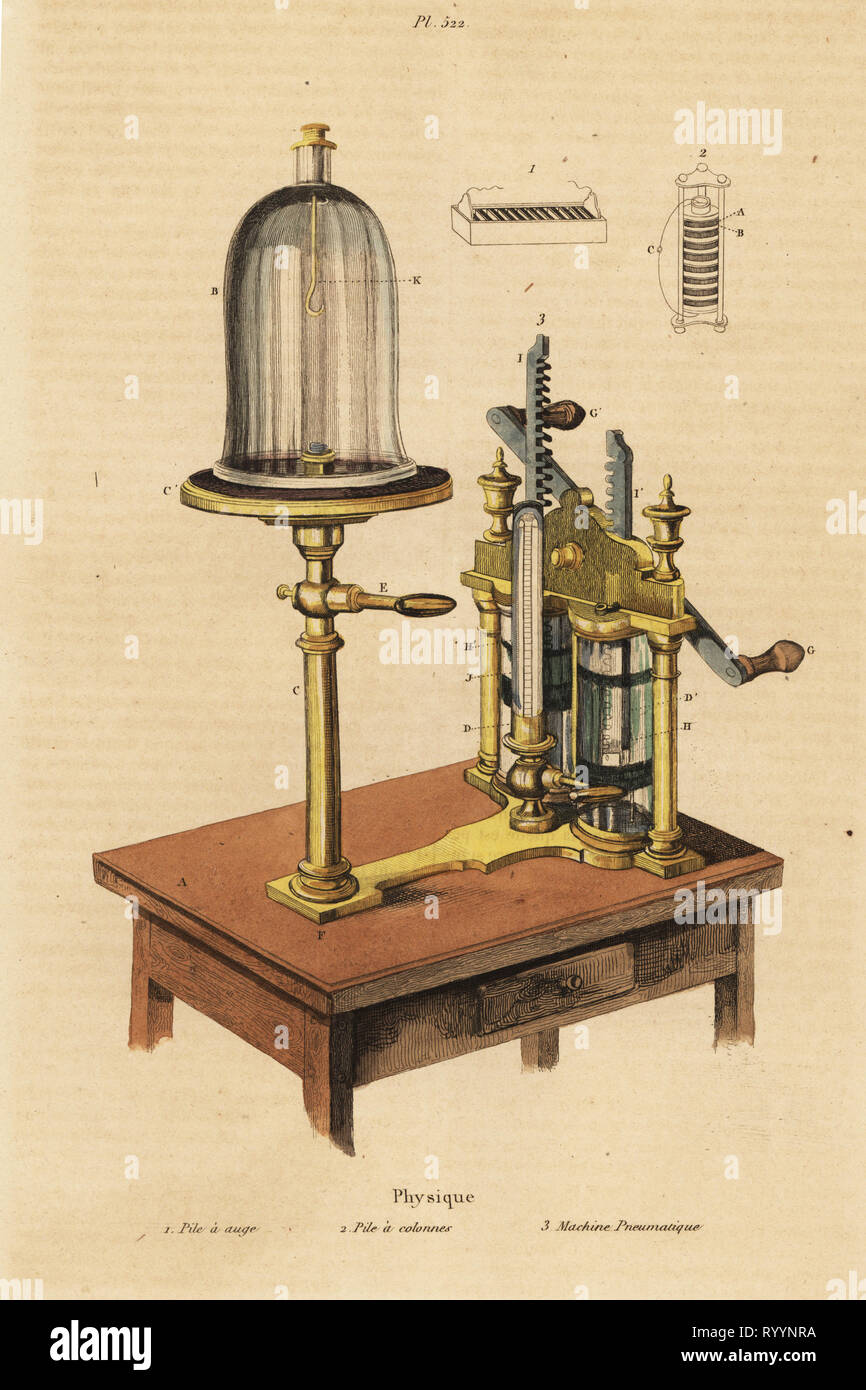 Pneumatic machine 3, and batteries 1,2. Physique: Pile a auge, pile a colonnes, machine pneumatique. Handcoloured steel engraving by du Casse after an illustration by Adolph Fries from Felix-Edouard Guerin-Meneville's Dictionnaire Pittoresque d'Histoire Naturelle (Picturesque Dictionary of Natural History), Paris, 1834-39. Stock Photo