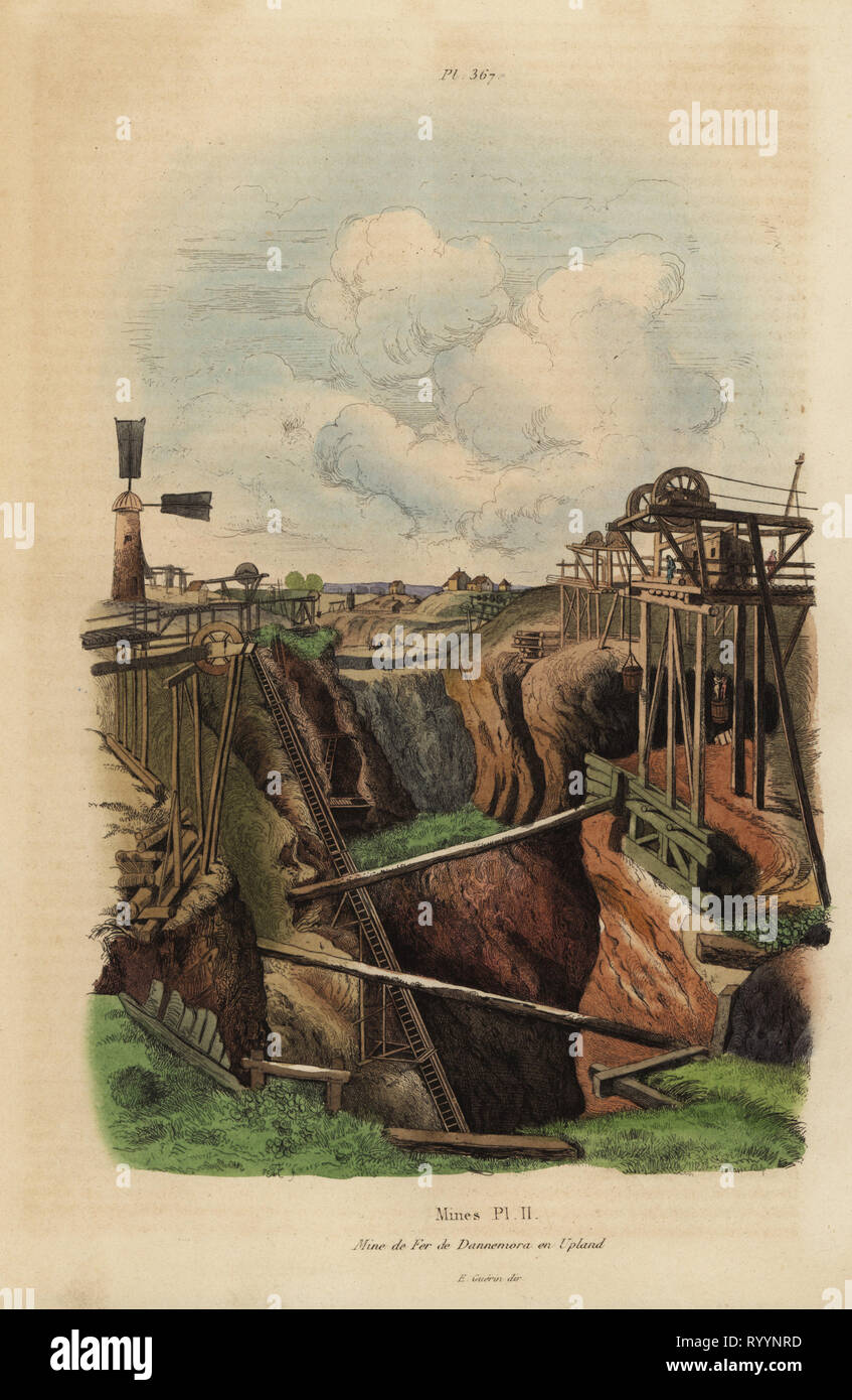 View of an 18th century iron mine at Dannemora, Upland, Sweden. Handcoloured steel engraving by du Casse after an illustration by Adolph Fries from Felix-Edouard Guerin-Meneville's Dictionnaire Pittoresque d'Histoire Naturelle (Picturesque Dictionary of Natural History), Paris, 1834-39. Stock Photo