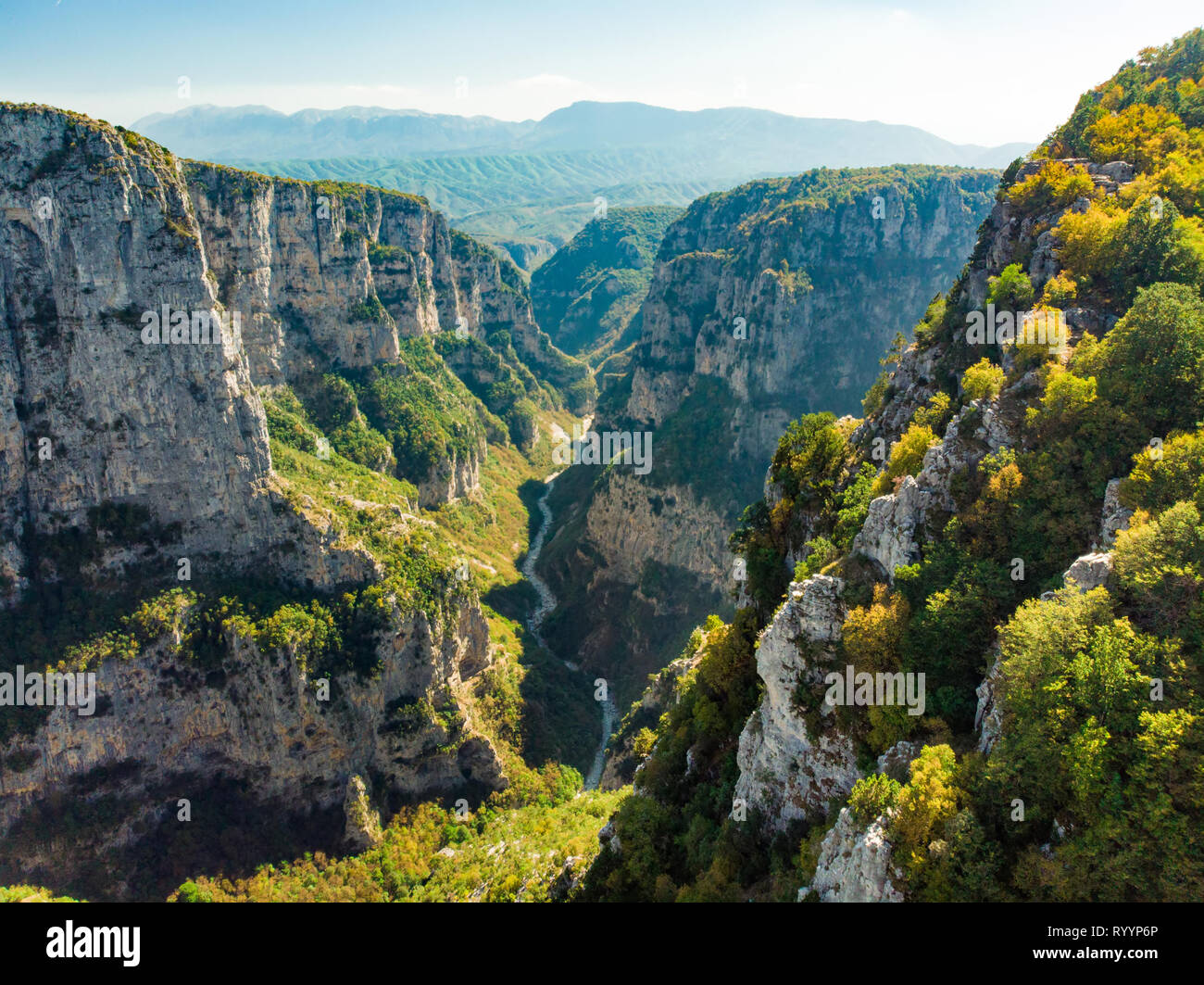 Aerial view of Vikos Gorge, a gorge in the Pindus Mountains of northern
