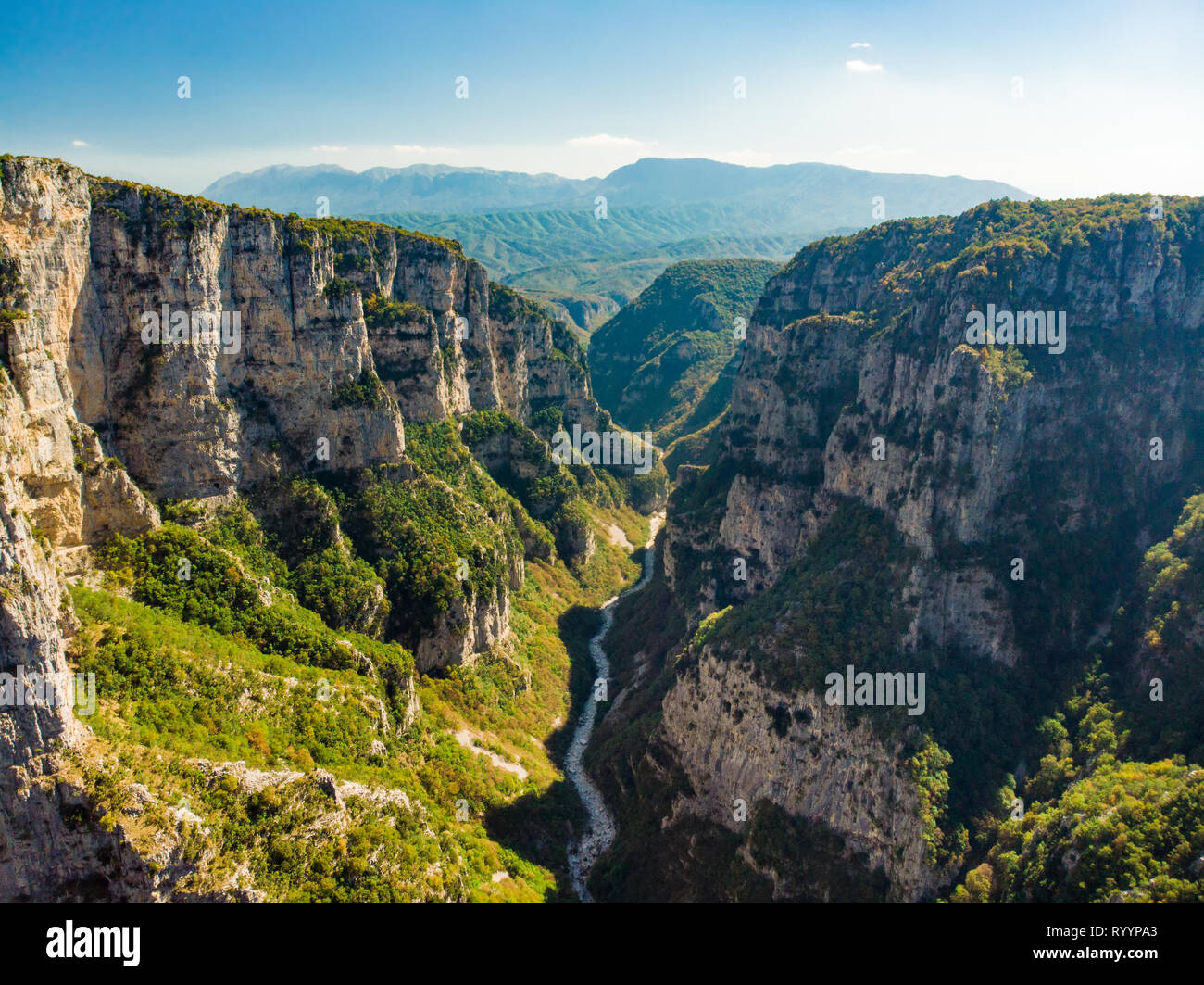 Aerial view of Vikos Gorge, a gorge in the Pindus Mountains of northern