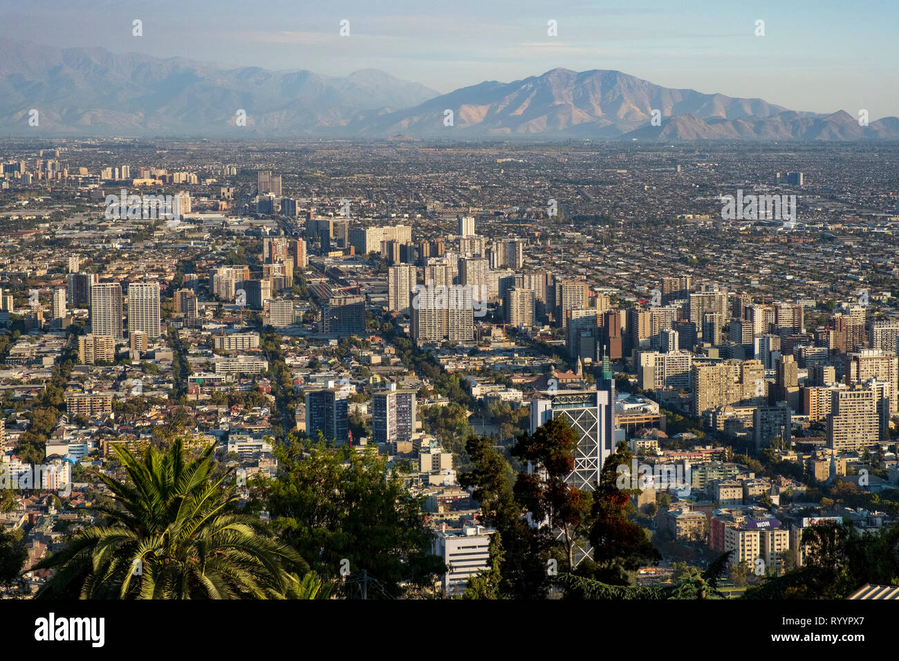 View south from Cerro San Cristobal over downtown Santiago, Chile. Stock Photo