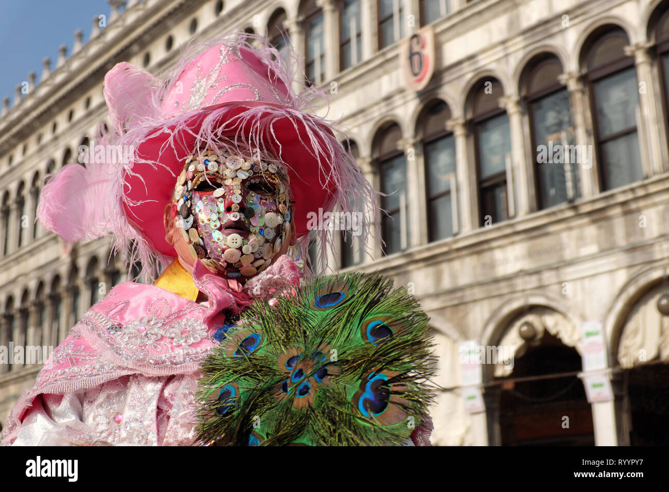 Uomo in un bel costume e maschera che posa al carnevale di Venezia. St  Piazza Marco, Venezia Foto stock - Alamy