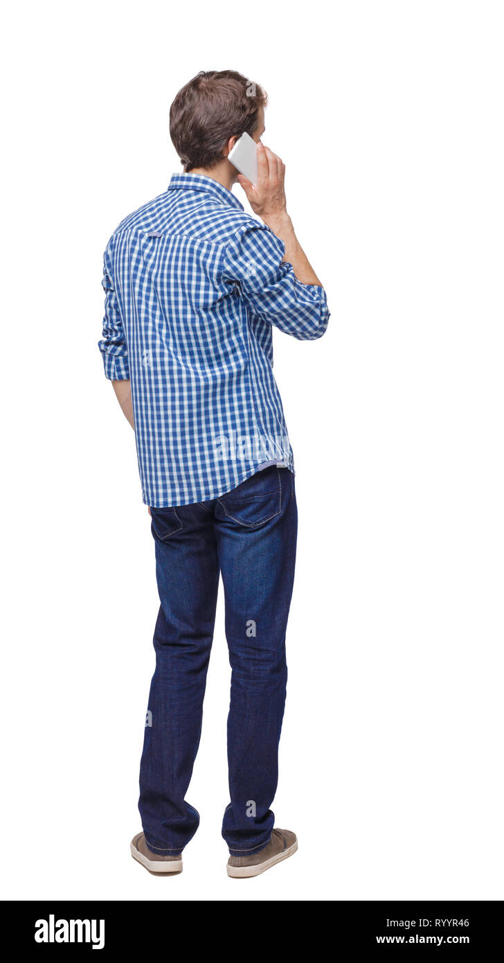 back view of a man talking on the phone. backside view of person. Rear ...